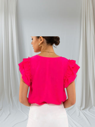 Hot Pink Ruffled Sleeves V-Neck Top