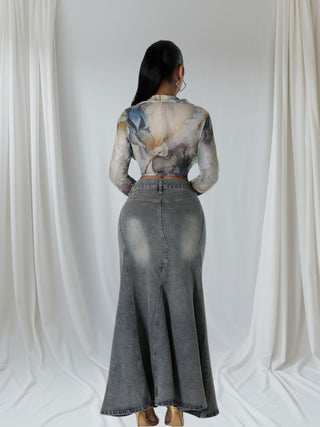 Smoky Siren Denim Maxi Flare Skirt