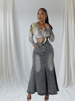 Smoky Siren Denim Maxi Flare Skirt