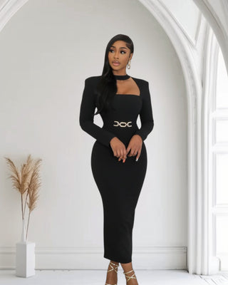 Chic black dress with square neckline, long sleeves, and a stylish belt, ideal for elegant occasions.