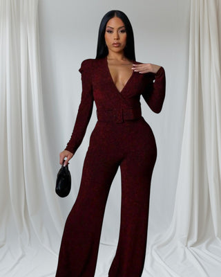 She’s Ready Burgundy Sparkle Wide Leg Jumpsuit
