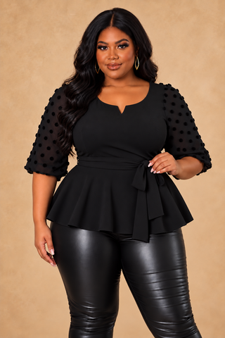 Women's Plus Size Black Velvet Sleeve V-Neck Self-Tie Top