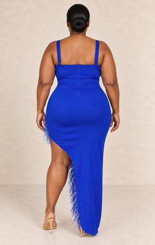 Royal Blue Feather Trim Maxi Dress with Slit (Plus Size) – alternate view 3