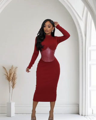 Corset Detail Stretch Midi Dress - Ruby Red