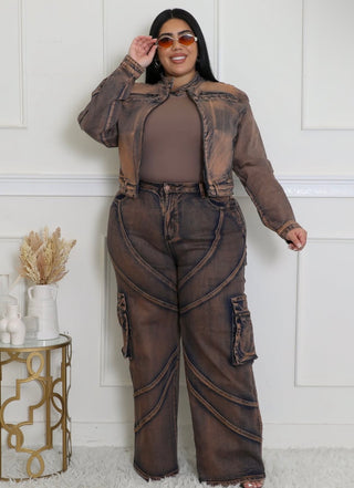 Boutique plus size cropped jacket in mocha wash denim