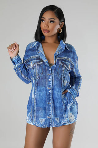 Denim print button-down top with high waist shorts