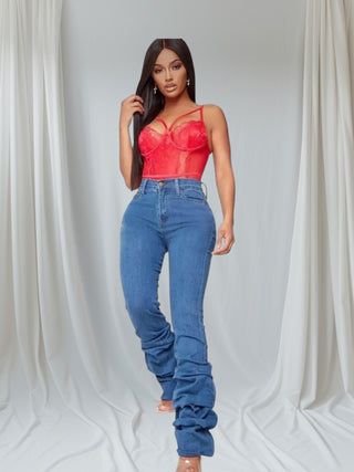 Model wearing Jayla ruffled leg high waist stretch jeans front view