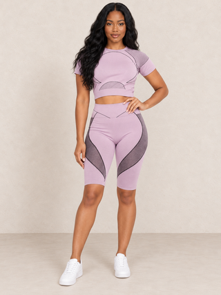 Dusty rose crop top and biker short set with mauve contrast panels