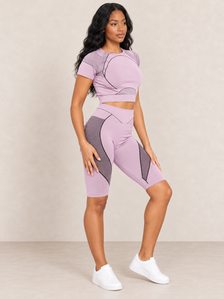 Dusty rose crop top and biker short set with mauve contrast panels