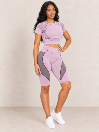 Dusty rose crop top and biker short set with mauve contrast panels