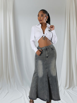 Smoky Siren Denim Maxi Flare Skirt