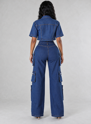 Back view of Boss Move cargo wide-leg denim jeans showing back pockets and side cargo pockets, styled with a cropped denim top