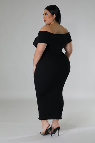 Black Plus size off-shoulder straight neckline maxi dress with buttons