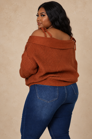 Plus Size Camel Off Shoulder Button Front Knit Top