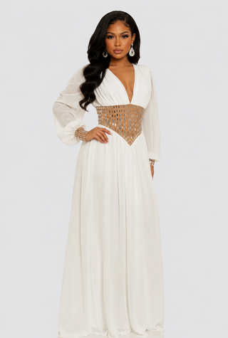 White church dress with gold accent waist.