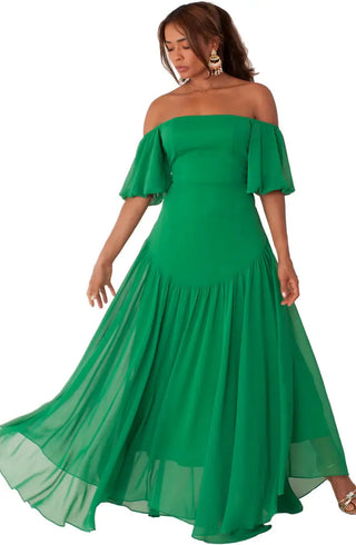 Emerald Elegance Off-Shoulder Gown Tulleys Boutique
