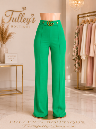 Women's emerald green high-waist wide-leg pants with gold buckle 