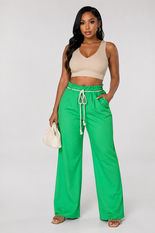 Emerald green women’s linen wide-leg pants with high waist, rope belt and side pockets – front view