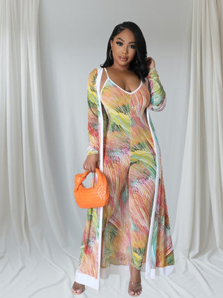  colorful one piece body suit with matching Cardigan outfit 
