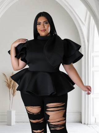 Black Ruffle Mock Neck Peplum Top