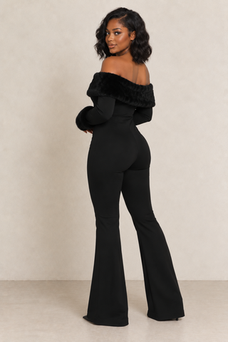 Black Off-Shoulder Fur Trim Wide-Leg Jumpsuit – alternate view 4