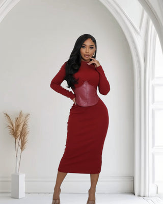 Corset Detail Stretch Midi Dress - Ruby Red