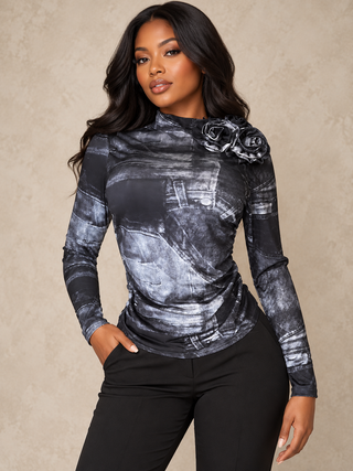 Denim-Print Ruched Top with Floral Brooches