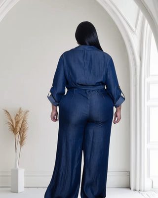 Crossover Front Tie-Waist Denim Wide leg Jumpsuit