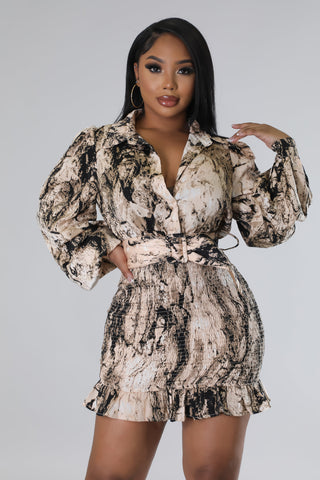 Marble Print Ruched Belted Dress