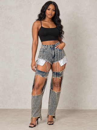 Diamond Drip Rhinestone Cutout Jeans