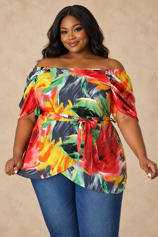 Plus Size Sunset Bloom Multicolor Floral Off-Shoulder Top