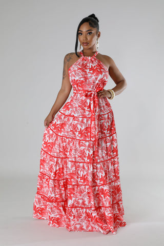 Red and white tiered halter maxi dress women