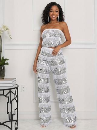  Front view of silver sequin fringe two-piece pants set with full-length strapless top