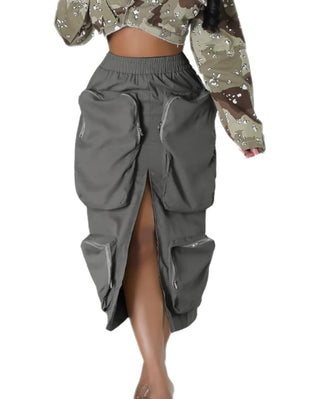 Women’s cargo skirt with front slit and zipper pockets
