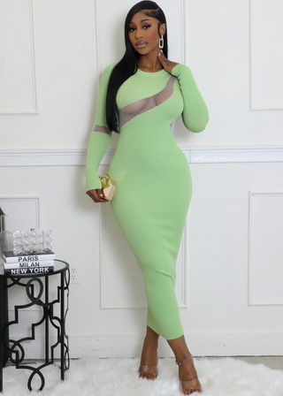 green contour mesh bodycon maxi dress for women
