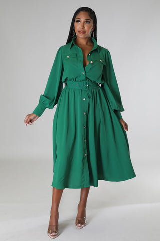 Green dress, belted, long sleeve
