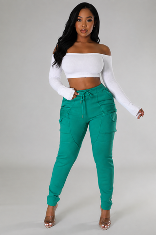 Green high-waisted cargo joggers with cuffed tapered ankles
