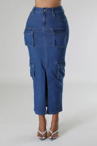 High-waisted blue denim skirt with front slit