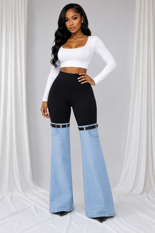  High\-waisted black stretch pants with light\-wash denim bell\-bottom legs