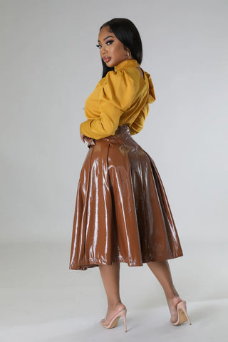 High waist brown patent faux leather skirt with metal buckle hardware