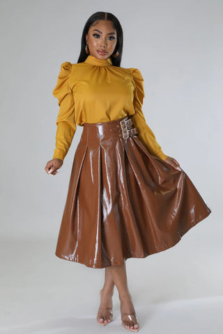 High waist brown patent faux leather skirt with metal buckle hardware
