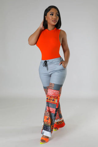 High waisted drawstring patchwork pants with pockets