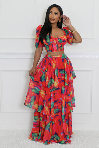 High waisted tiered ruffle maxi skirt with elastic waistband
