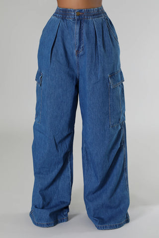High waisted wide leg denim cargo jeans with elastic waistband