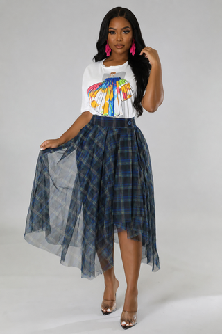 Women's Plaid Tulle High-Waisted Skirt | Button Zip Closure