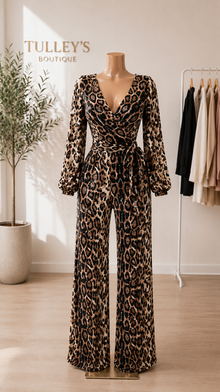 Wild Elegance Sequin Leopard Wrap Jumpsuit