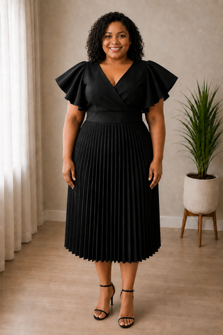 Divine Grace Black Pleated Flutter Sleeve Midi Dress