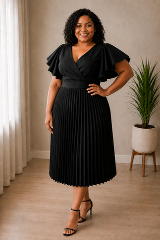 Divine Grace Black Pleated Flutter Sleeve Midi Dress