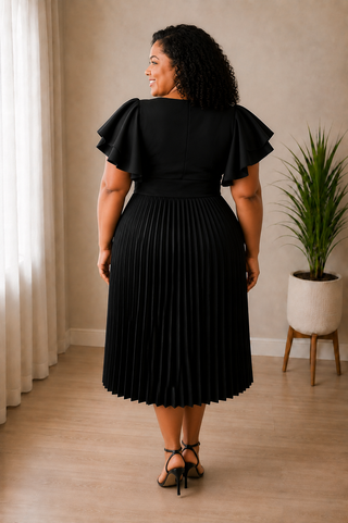 Divine Grace Black Pleated Flutter Sleeve Midi Dress