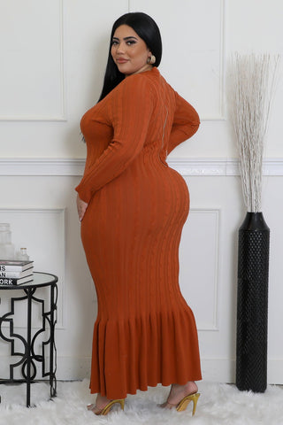 Rust ribbed knit maxi dress with long sleeves and zipper closure, model wearing 2X